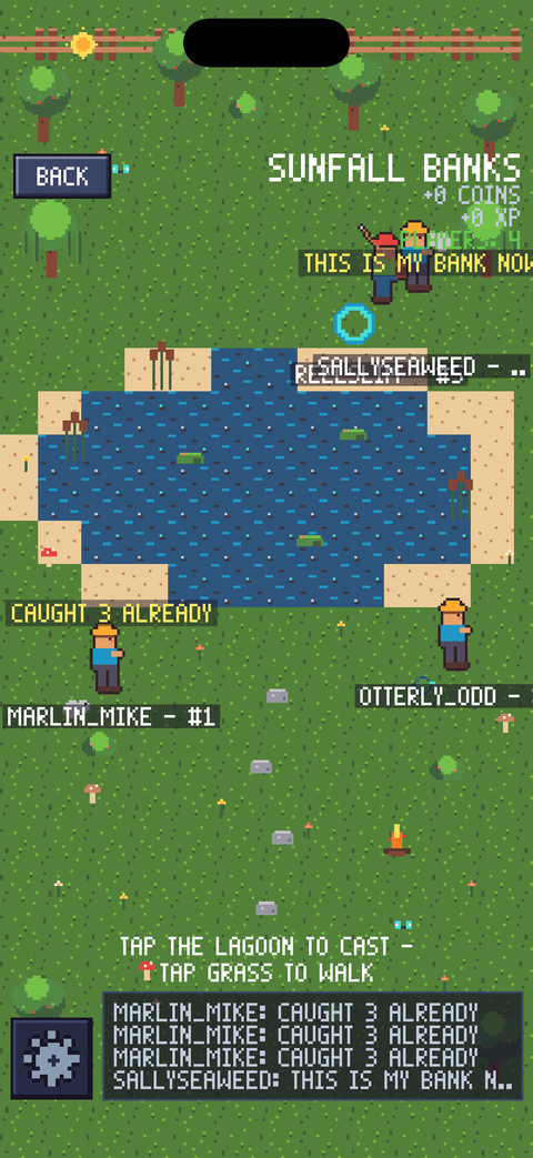 Players fishing together in Sunfall Banks lagoon with overhead chat