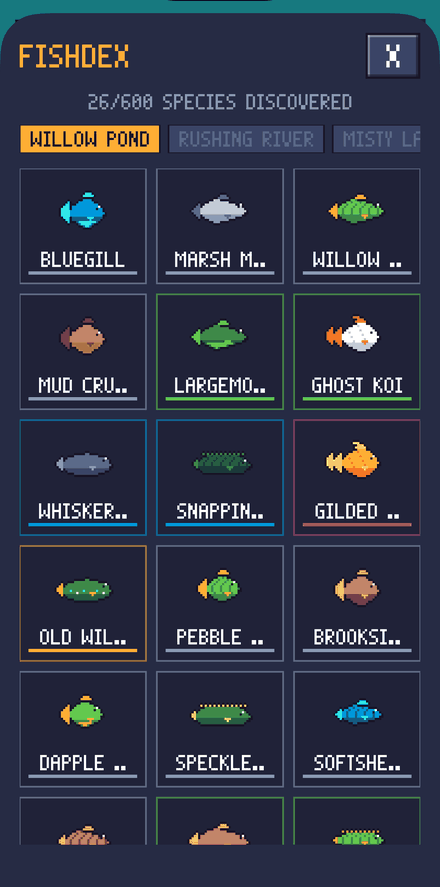 Fishdex collection screen showing discovered fish species